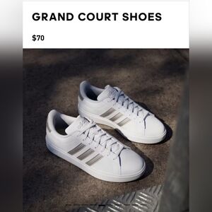 Adidas Grand Court 2.0 Vegan Shoes, White w/Metallic Platinum Stripes, Wmn s.9